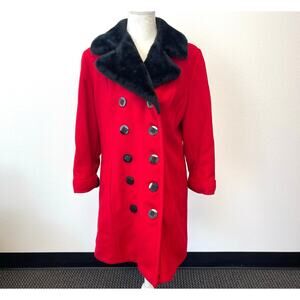 Vintage Davis of Boston Women's Red Button Up Fur Collar Pea Coat Jacket *READ*